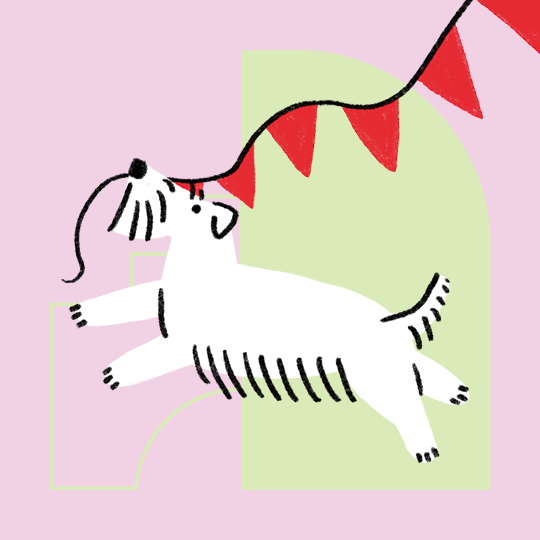 a cartoon of a dog holding bunting